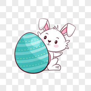 在绿色彩蛋后的复活节卡通可爱兔子图片