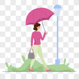 拿着包的女人雨中打伞插画图片