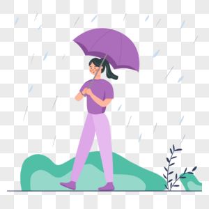 紫色的雨中打伞插画图片