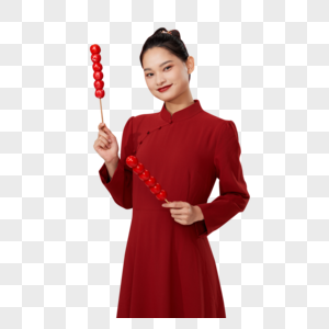 复古旗袍女性手拿糖葫芦图片