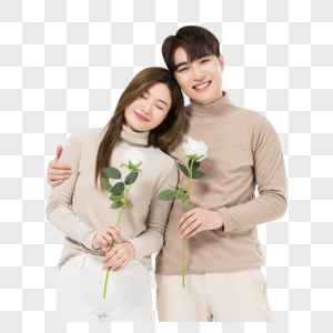 韩系情侣亲密相拥手拿玫瑰鲜花图片
