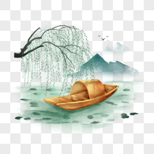 雨水之水墨风船只和柳树图片