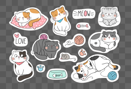 超可爱胖嘟嘟猫咪矢量扁平手绘可爱猫咪卡通贴纸素材