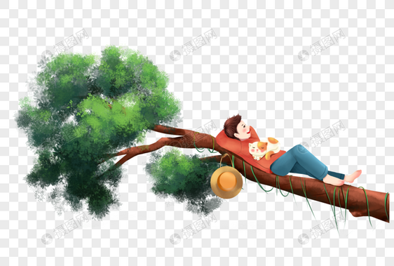 男孩与小猫躺在树上图片