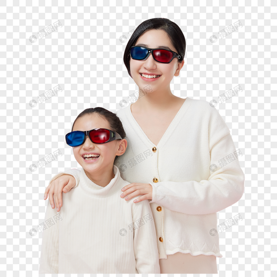 母女二人使用3D眼镜形象图片