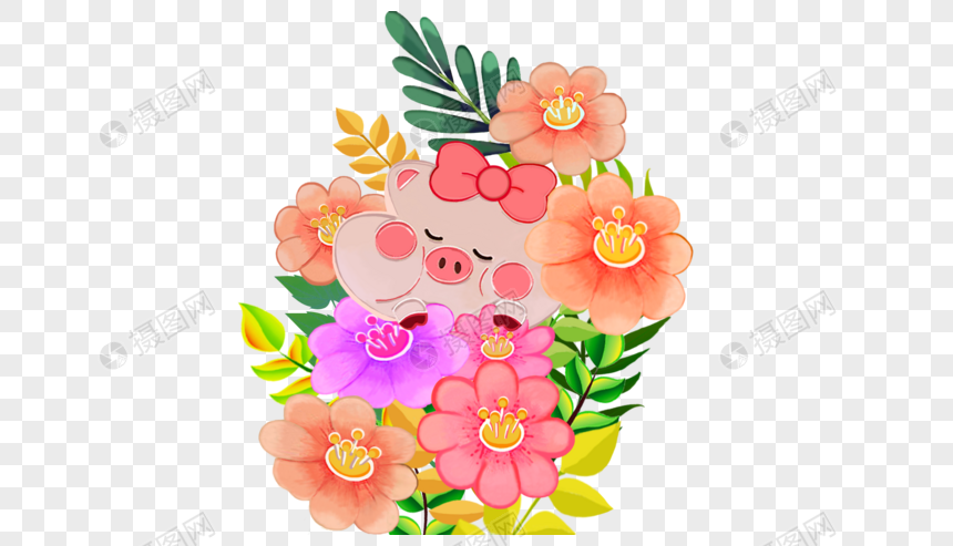 花丛中的小粉猪图片