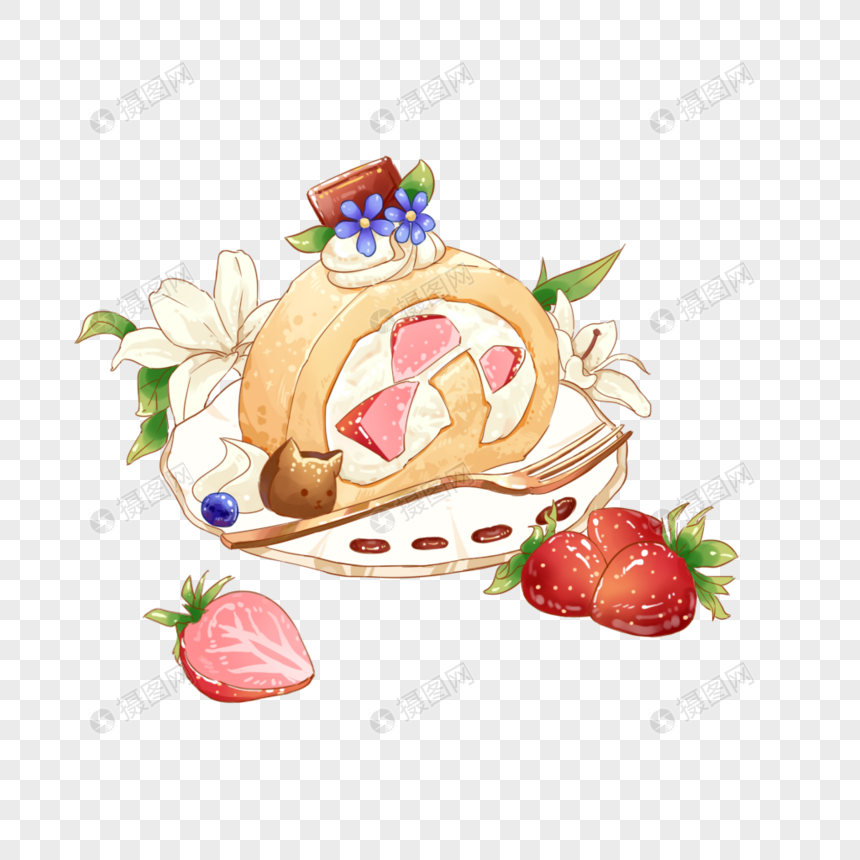 创意甜品草莓蛋糕卷素材图片