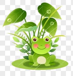 小清新谷雨时节青蛙绿叶插画元素图片
