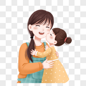 母亲节小女孩亲吻妈妈卡通人物元素高清图片