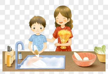 帮妈妈按摩帮妈妈洗碗的孩子素材