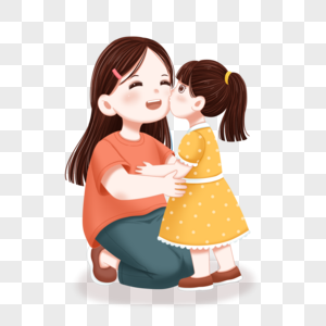母亲节小女孩亲吻妈妈卡通人物素材高清图片