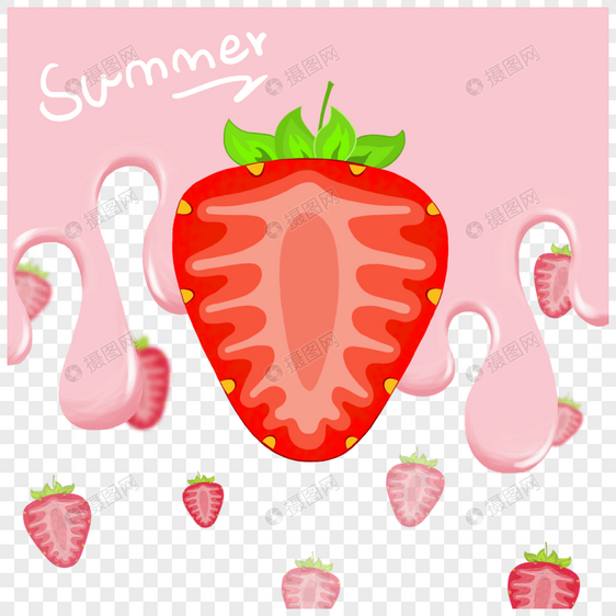 夏日草莓粉色水滴冰淇淋可爱风原创纯手绘图片