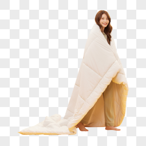 美女裹被子身着睡衣的年轻少女披着被子素材