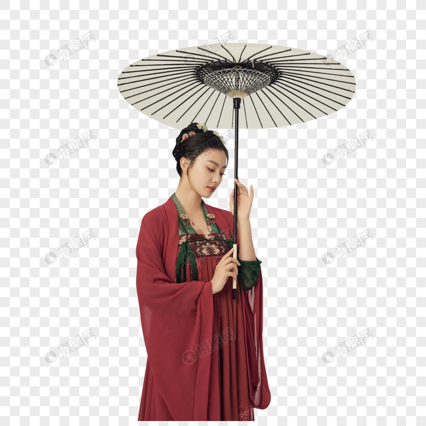 穿唐朝服饰的美女手撑油纸伞图片