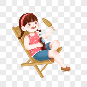 夏天卖花女孩夏天坐在椅子上扇扇子的女孩素材