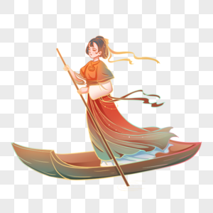 古代彩绘划船的古风女子素材