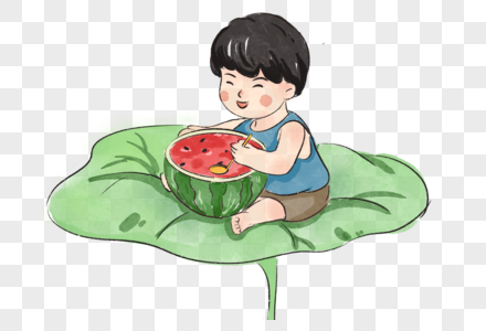 坐在荷叶上吃瓜的男孩图片