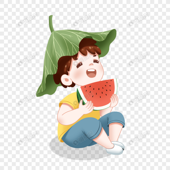 头顶荷叶吃西瓜的男孩图片