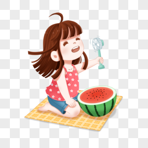 炎热天气吃西瓜吹电扇的小女孩图片