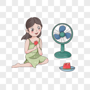 三伏天初伏少女在电风扇前吃西瓜图片