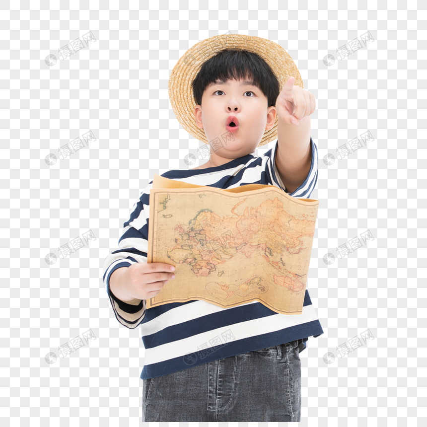 拿着地图玩探险的小男孩小胖子图片