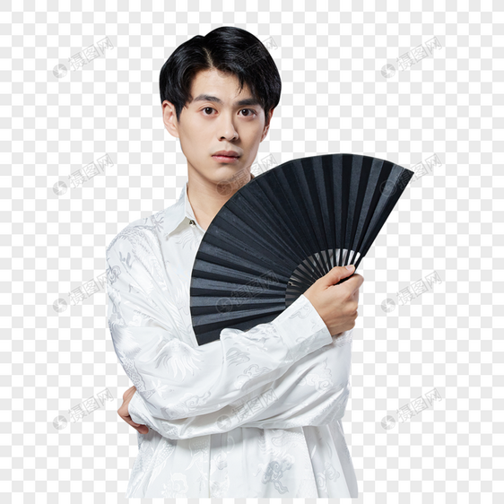 新中式男性手拿折扇图片