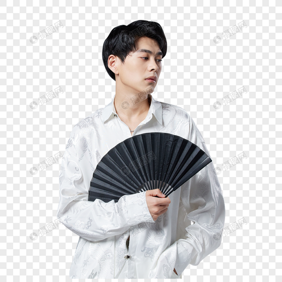 新中式国潮男性手拿折扇图片