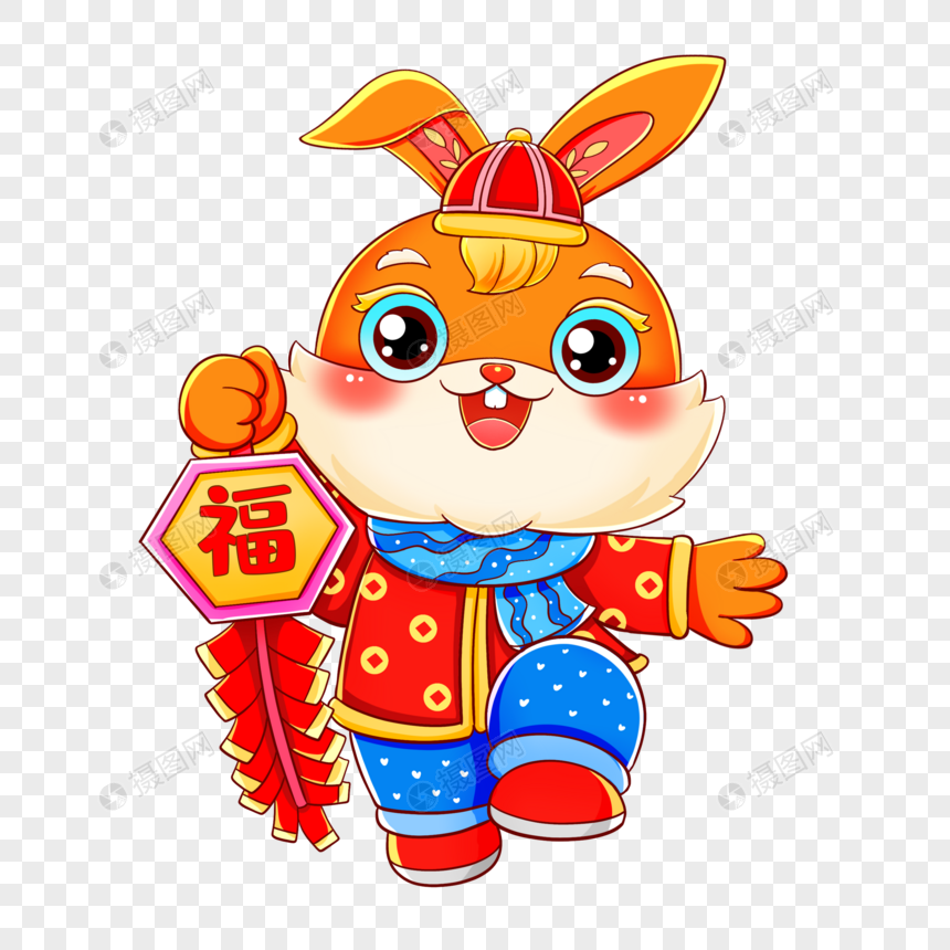 国潮兔年春节新年提鞭炮的兔子元素图片