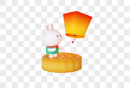 创意C4D中秋节兔子月饼与孔明灯模型高清图片