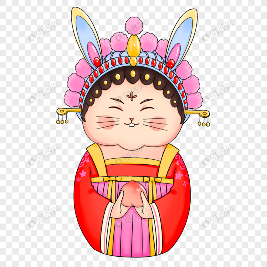 国潮风京剧兔子不倒翁大红色笑脸兔子图片