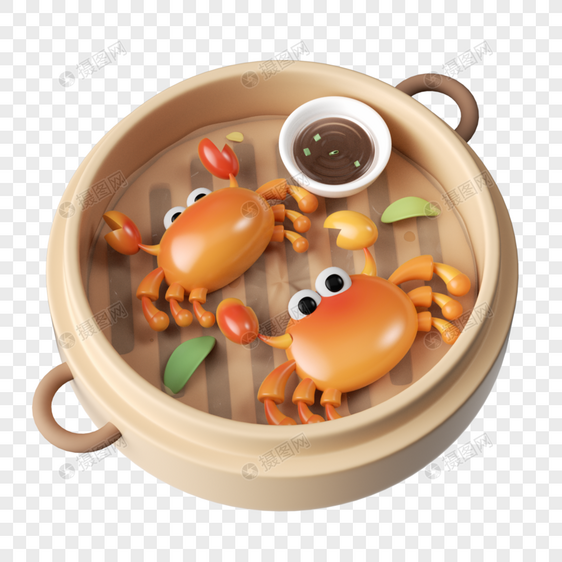 3D立体卡通中秋美食清蒸螃蟹模型免抠图片