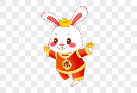 2023年兔年新年卡通小兔子顶着金元宝奔跑高清图片