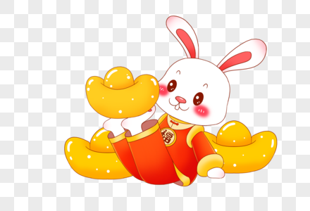2023年兔年新年可爱的卡通小兔子用脚蹬着金元宝耍杂技图片