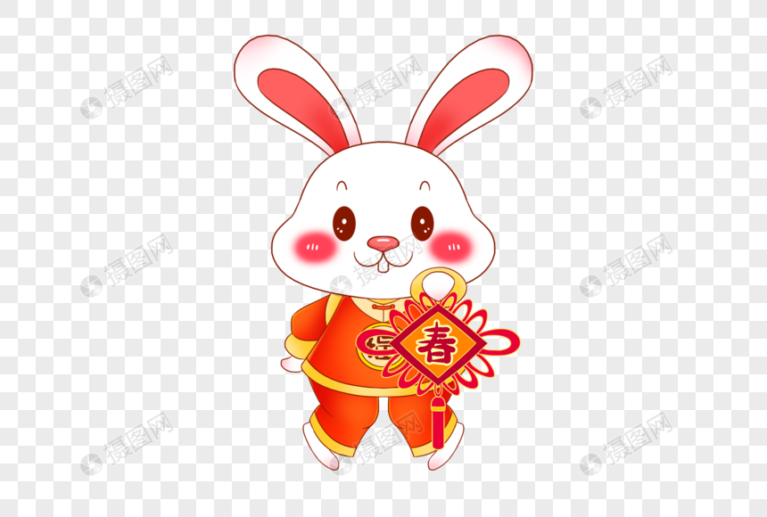2023年兔年新年可爱的卡通小兔子拿着中国结图片