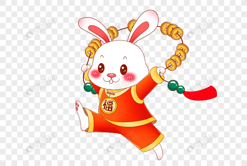 2023年兔年新年可爱的卡通小兔子拿着钱串子快乐的奔跑图片