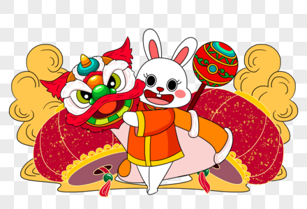 2023年兔年新年可爱的卡通小兔子舞狮图片