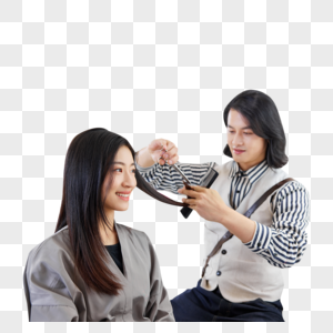 青年理发师给顾客修剪头发图片