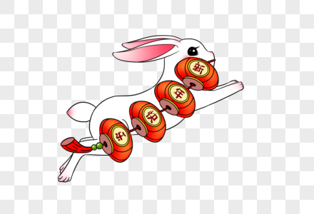 2023年兔年新年可爱的小白兔叼着红灯笼奔跑跳跃图片