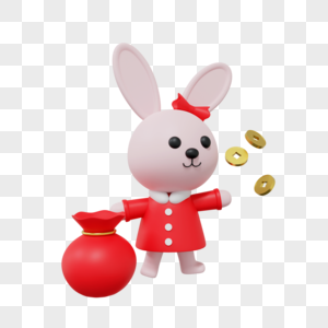 新年兔子钱袋子金币3D元素图片