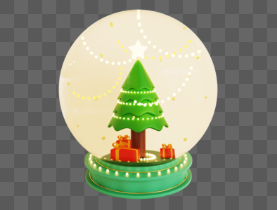 圣诞节节日装饰圣诞水晶球与绿色圣诞礼物树礼物盒3D元素图片