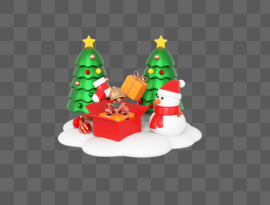 C4D圣诞元素场景圣诞树雪人礼物盒圣诞袜3d元素高清图片