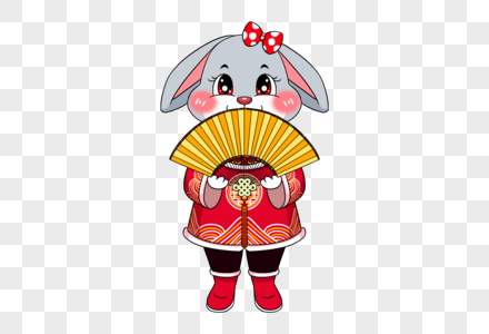 2023年兔年新年拿着金色扇子穿着红色唐装的可爱卡通垂耳兔图片