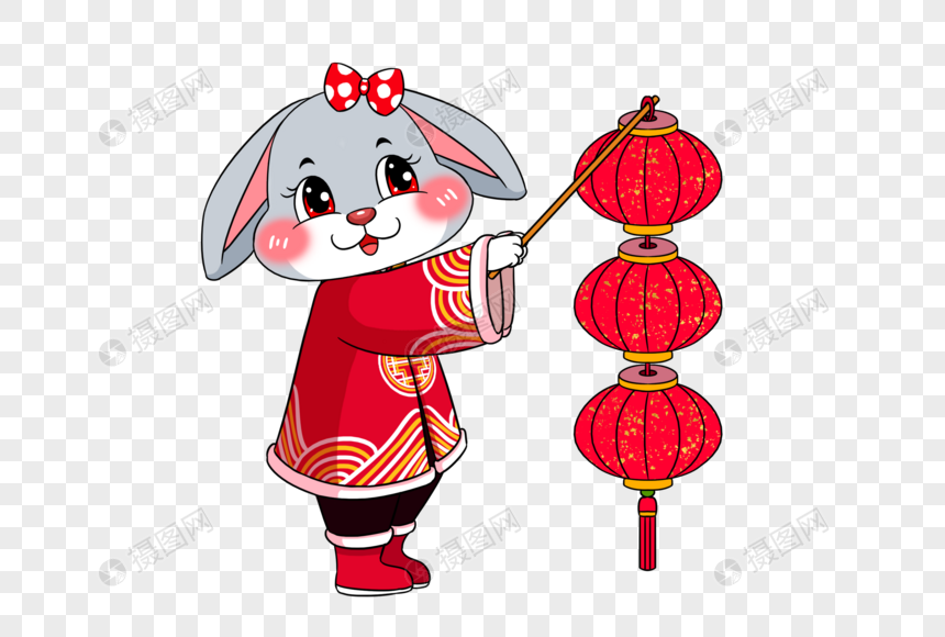 2023年兔年新年正在挂灯笼的穿着红色唐装的可爱卡通垂耳兔图片