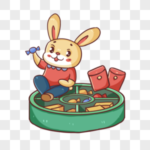 手绘兔年糖果盒和手拿糖果的小兔子图片