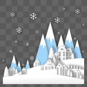 冬天剪纸风圣诞节雪景剪纸建筑风景高清图片