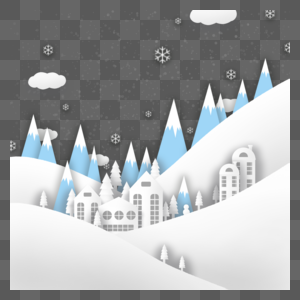 冬天剪纸风圣诞节雪景剪纸建筑风景山脉高清图片