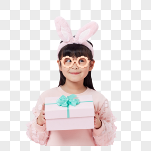 兔耳朵小女孩手拿礼物盒图片