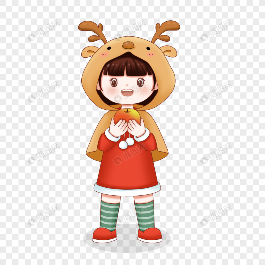 圣诞节穿驯鹿斗篷拿着平安果的女孩图片