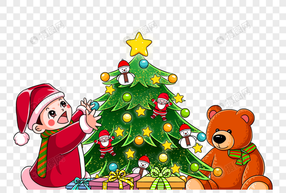 小孩和圣诞树图片