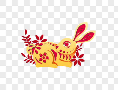 创意红金剪纸风兔年兔年彩色兔子剪纸图片